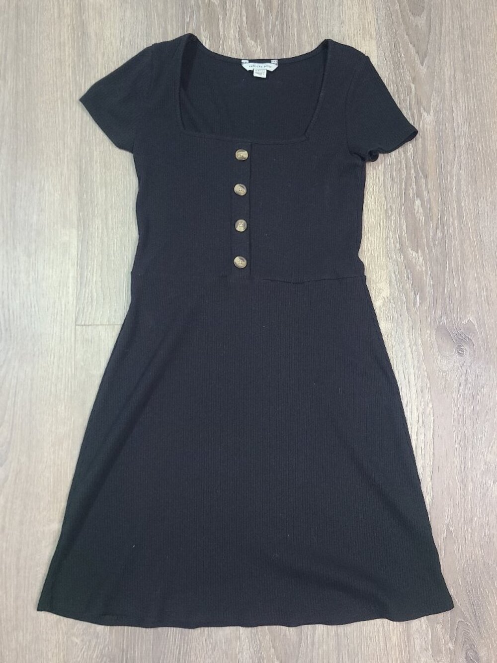 American Eagle Solid Black Ribbed Square Neck Button Mini Dress - Size XS